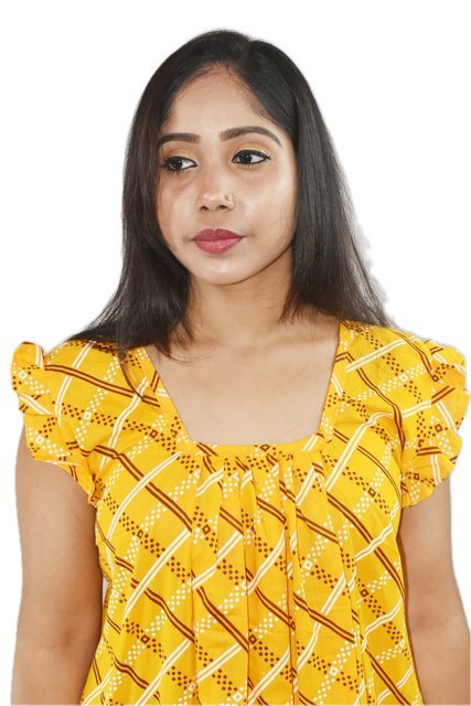 BDROX Pure Cotton Yellow Maxi Nighty Square Neck Short Sleeves with Pleats