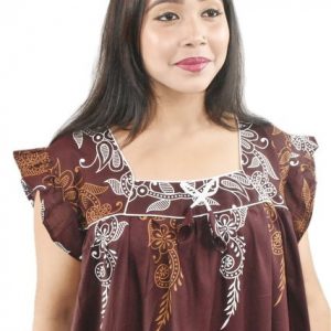 BDROX Pure Cotton Brown Maxi Nighty Square Neck Cod Pipien Short Sleeves with Pleats