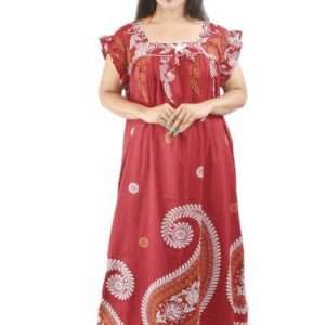 BDROX Pure Cotton Maroon Maxi Nighty Square Neck Cod Pipien Short Sleeves with Pleats