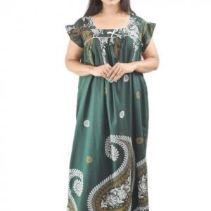 BDROX Pure Cotton Green Maxi Nighty Square Neck Cod Pipien Short Sleeves with Pleats
