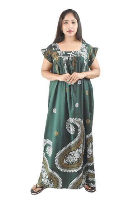 BDROX Pure Cotton Green Maxi Nighty Square Neck Cod Pipien Short Sleeves with Pleats