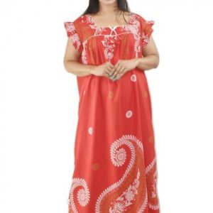 BDROX Pure Cotton Red Maxi Nighty Square Neck Cod Pipien Short Sleeves with Pleats