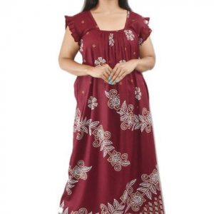 BDROX Pure Cotton Maroon Maxi Nighty Square Neck Short Sleeves with Pleats