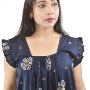BDROX Pure Cotton Navy Blue Maxi Nighty Square Neck Short Sleeves with Pleats