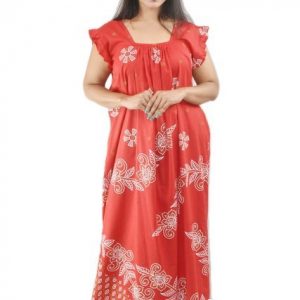 BDROX Pure Cotton Red Maxi Nighty Square Neck Short Sleeves with Pleats
