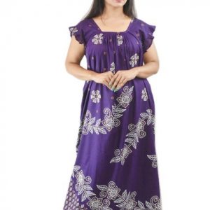 BDROX Pure Cotton Purple Maxi Nighty Square Neck Short Sleeves with Pleats
