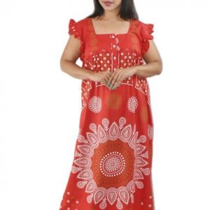 BDROX Pure Cotton Red Maxi Nighty Square Neck Cod Pipien Short Sleeves with Pleats