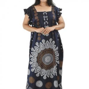 BDROX Pure Cotton Navy Blue Maxi Nighty Square Neck Cod Pipien Short Sleeves with Pleats