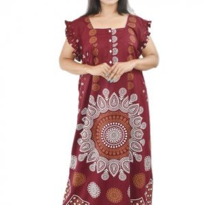 BDROX Pure Cotton Maroon Maxi Nighty Square Neck Cod Pipien Short Sleeves with Pleats