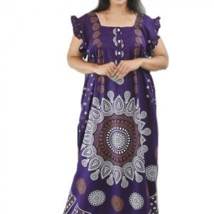BDROX Pure Cotton Purple Maxi Nighty Square Neck Cod Pipien Short Sleeves with Pleats