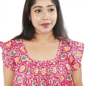 BDROX Pure Cotton Pink Maxi Nighty Square Neck Short Sleeves with Pleats