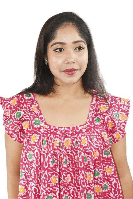 BDROX Pure Cotton Pink Maxi Nighty Square Neck Short Sleeves with Pleats