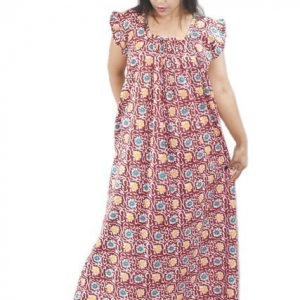 BDROX Pure Cotton Maroon Maxi Nighty Square Neck Short Sleeves with Pleats