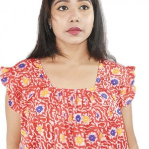 BDROX Pure Cotton Red Maxi Nighty Square Neck Short Sleeves with Pleats