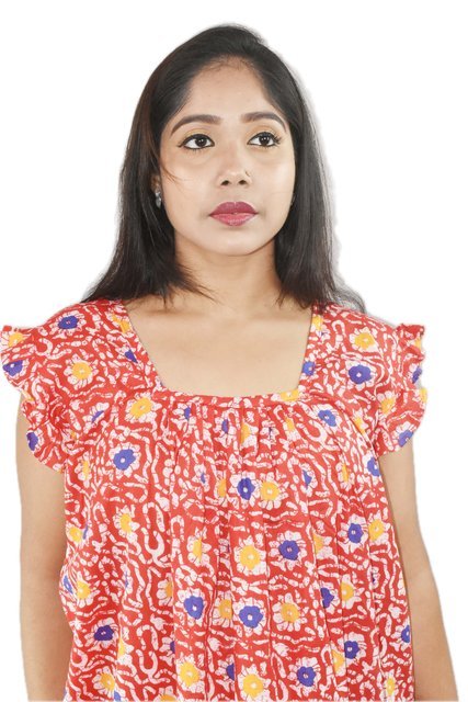 BDROX Pure Cotton Red Maxi Nighty Square Neck Short Sleeves with Pleats
