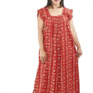 BDROX Pure Cotton Red Maxi Nighty Square Neck Short Sleeves with Pleats