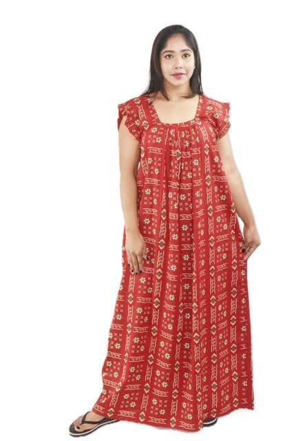 BDROX Pure Cotton Red Maxi Nighty Square Neck Short Sleeves with Pleats