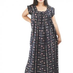 BDROX Pure Cotton Blue Maxi Nighty Square Neck Short Sleeves with Pleats