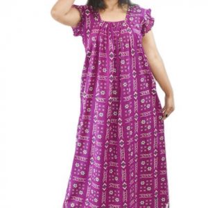 BDROX Pure Cotton Purple Maxi Nighty Square Neck Short Sleeves with Pleats