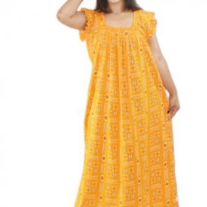 BDROX Pure Cotton Yellow Maxi Nighty Square Neck Short Sleeves with Pleats