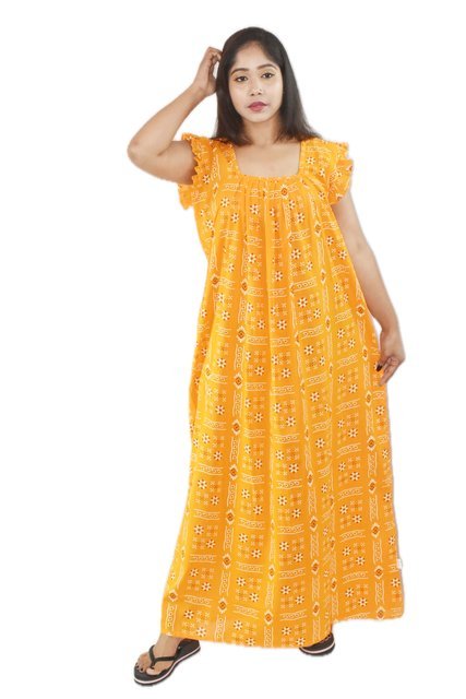 BDROX Pure Cotton Yellow Maxi Nighty Square Neck Short Sleeves with Pleats