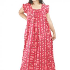 BDROX Pure Cotton Pink Maxi Nighty Square Neck Short Sleeves with Pleats