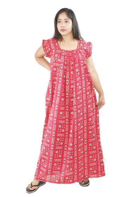 BDROX Pure Cotton Pink Maxi Nighty Square Neck Short Sleeves with Pleats