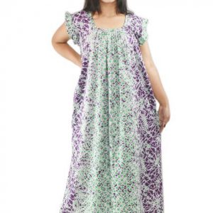 BDROX Pure Cotton Purple Maxi Nighty Square Neck Short Sleeves with Pleats