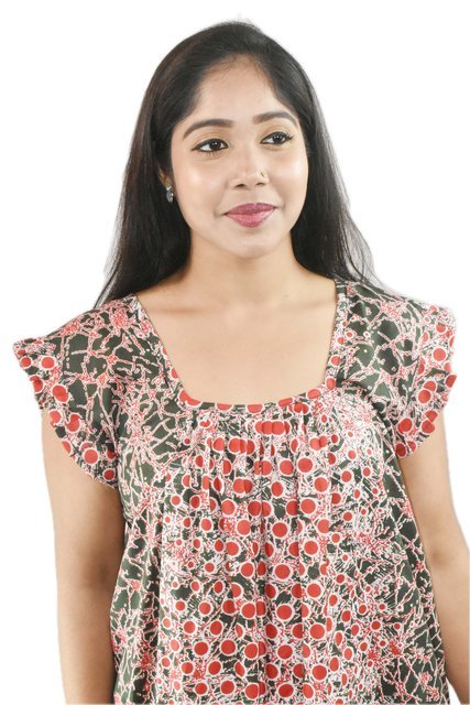 BDROX Pure Cotton Red Maxi Nighty Square Neck Short Sleeves with Pleats
