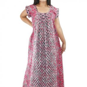 BDROX Pure Cotton Pink Maxi Nighty Square Neck Short Sleeves with Pleats