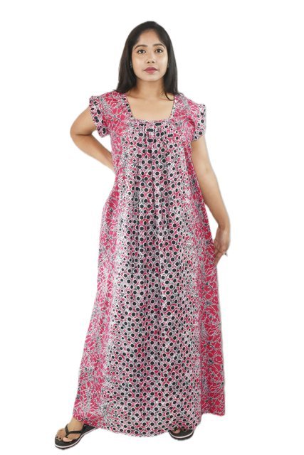 BDROX Pure Cotton Pink Maxi Nighty Square Neck Short Sleeves with Pleats