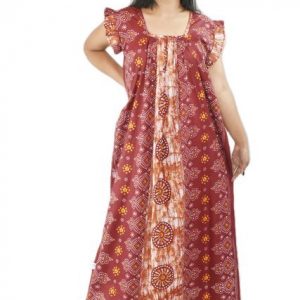 BDROX Pure Cotton Maroon Maxi Nighty Square Neck Short Sleeves with Pleats