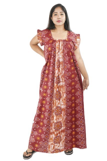 BDROX Pure Cotton Maroon Maxi Nighty Square Neck Short Sleeves with Pleats