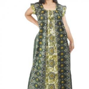 BDROX Pure Cotton Green Maxi Nighty Square Neck Short Sleeves with Pleats