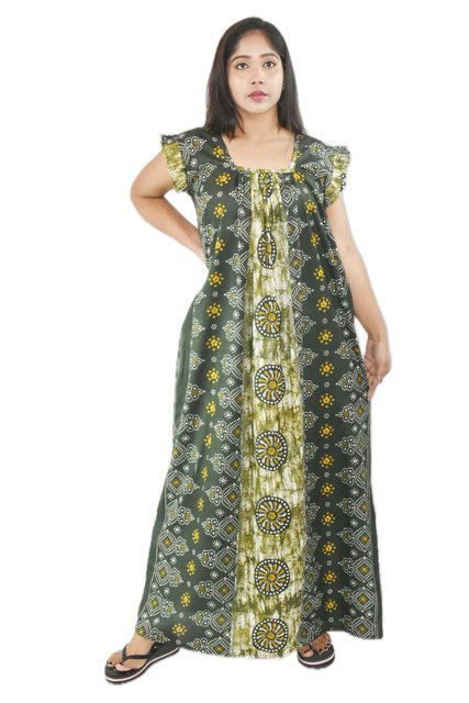 BDROX Pure Cotton Green Maxi Nighty Square Neck Short Sleeves with Pleats