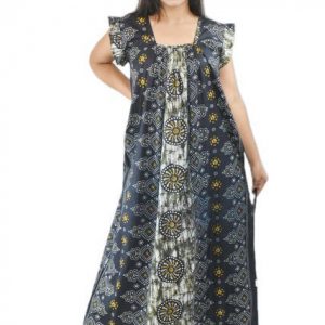 BDROX Pure Cotton Blue Maxi Nighty Square Neck Short Sleeves with Pleats