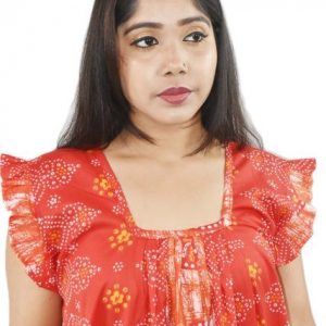 BDROX Pure Cotton Red Maxi Nighty Square Neck Short Sleeves with Pleats