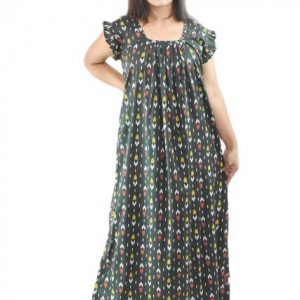 BDROX Pure Cotton Green Maxi Nighty Square Neck Short Sleeves with Pleats