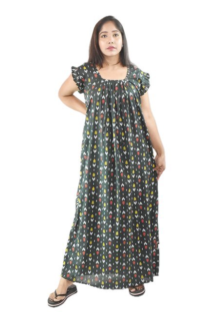 BDROX Pure Cotton Green Maxi Nighty Square Neck Short Sleeves with Pleats