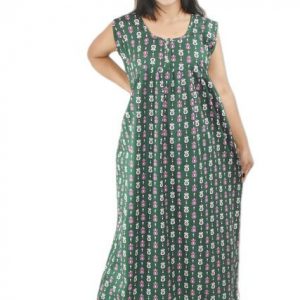 BDROX Green Cotton Maxi Nighty Round Neck & Sleeveless With Button