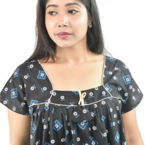 BDROX Black Cotton Maxi Nighty Square Neck Short Sleeves with Pipien