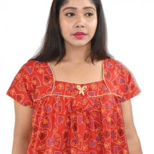 BDROX Red Cotton Maxi Nighty Square Neck Short Sleeves with Pipien