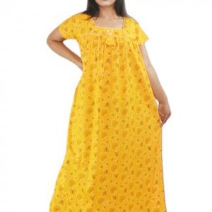 BDROX Yellow Cotton Maxi Nighty Square Neck Short Sleeves with Pipien