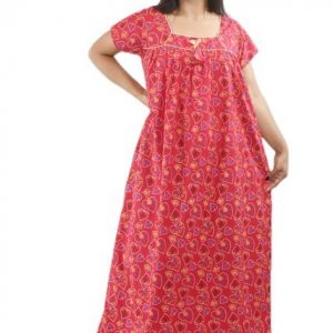 BDROX Pink Cotton Maxi Nighty Square Neck Short Sleeves with Pipien