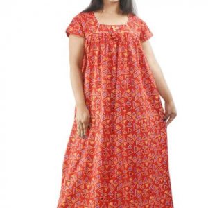 BDROX Red Cotton Maxi Nighty Square Neck Short Sleeves with Pipien