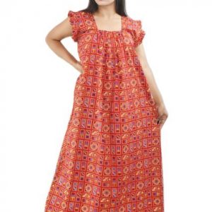 BDROX Red Cotton Maxi Nighty Square Neck Short Sleeves with Pleats