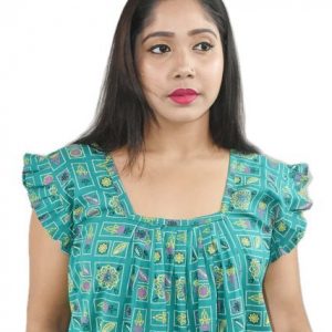 BDROX Sea Green Cotton Maxi Nighty Square Neck Short Sleeves with Pleats