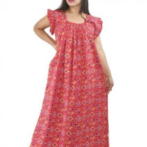 BDROX Pink Cotton Maxi Nighty Square Neck Short Sleeves with Pleats