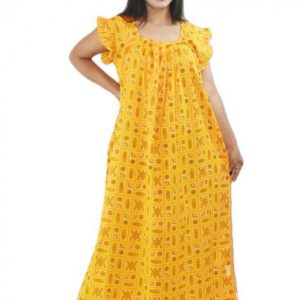 BDROX Yellow Cotton Maxi Nighty Square Neck Short Sleeves with Pleats