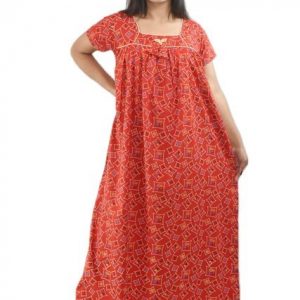 BDROX Red Cotton Maxi Nighty Square Neck Short Sleeves with Pipien